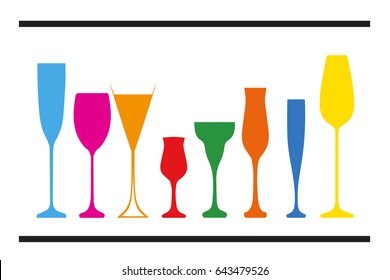 Vector set of bottles for alcohol.Wine list.Bottle background.Glasses for alcoholic drinks.Design for cocktail party.