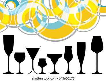 Vector set of bottles for alcohol.Wine list.Bottle background.Glasses for alcoholic drinks.Design for cocktail party.
