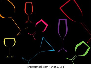 Vector set of bottles for alcohol.Wine list.Bottle background.Glasses for alcoholic drinks.Design for cocktail party.