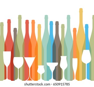 Vector set of bottles for alcohol.Wine list.Bottle background.Glasses for alcoholic drinks.Design for cocktail party.