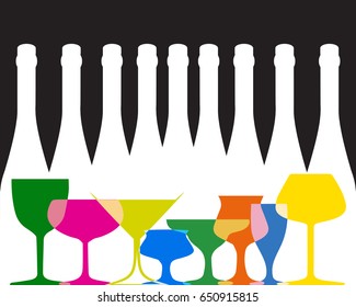 Vector set of bottles for alcohol.Wine list.Bottle background.Glasses for alcoholic drinks.Design for cocktail party.