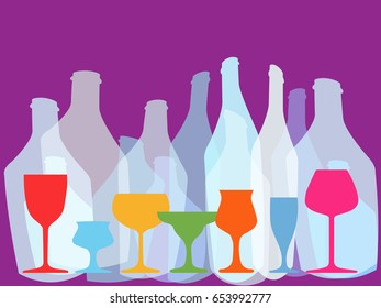 Vector set of bottles for alcohol.Wine list.Bottle background.Glasses for alcoholic drinks.Design for cocktail party.
