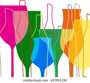 Vector set of bottles for alcohol.Wine list.Bottle background.Glasses for alcoholic drinks.Design for cocktail party.