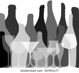 Vector set of bottles for alcohol.Wine list.Bottle background.Glasses for alcoholic drinks.Design for cocktail party.