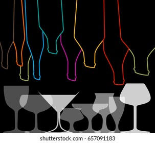 Vector set of bottles for alcohol.Wine list.Bottle background.Glasses for alcoholic drinks.Design for cocktail party.