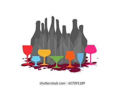 Vector set of bottles for alcohol.Wine list.Bottle background.Glasses for alcoholic drinks.Design for cocktail party.