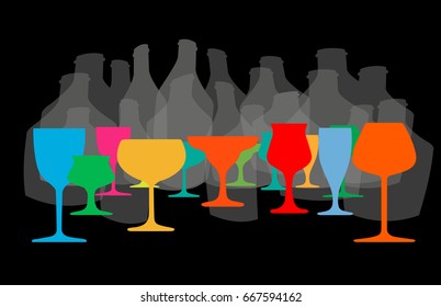 Vector set of bottles for alcohol.Wine list.Bottle background.Glasses for alcoholic drinks.Design for cocktail party.