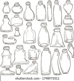 conjunto vectorial de botellas y bancos, ilustración de dibujo de tinta