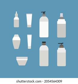 Vector Set of Bottles, Cleansers, Different Cosmetic Products, Icons Collection Isolated on Blue Background, Containers of Cream, Shampoo, Lotion.