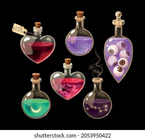 Vector set of bottles with magic potions isolated on black background