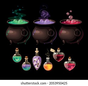 Vector set of bottles with magic potions and cauldrons isolated on black background