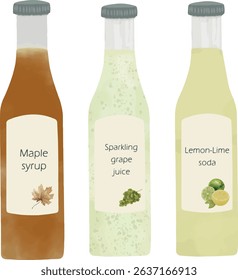Vector Set of Bottles of Maple Syrup, Grape, Lime, and Lemon Juices