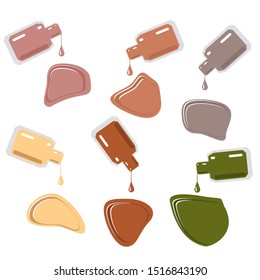 Vector set of bottles with nail polish, autumn palette. A drop of nail polish dripping from a bottle. Fashion