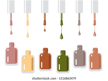 Vector set of bottles with nail polish, autumn palette. A drop of nail polish dripping top down from a brush to the bottle. Fashion