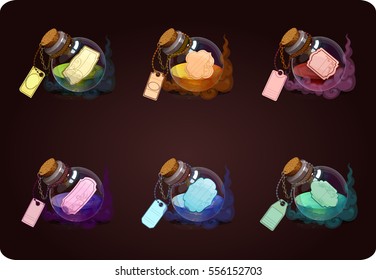 Vector set bottles of potions.Game icon of magic elixir. Vector design for app user interface