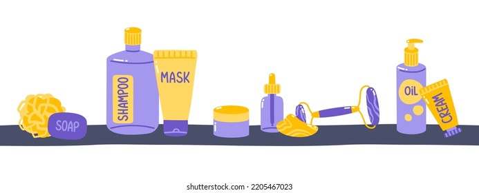 Vector set of bottles and tubes with cosmetics and skin care products on the shelf. Isolated on white background