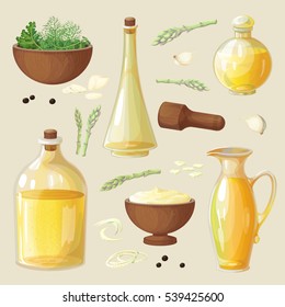 Vector set of bottles and wooden utensils for oils, cooking spices and seasonings. The ingredients and olive oil. Isolated objects on the background.