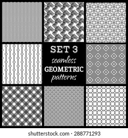 Vector set of boundless geometric patterns. Black and white seamless textures can be used for web page backgrounds, wallpapers, wrapping papers, invitation, congratulation or greeting cards.