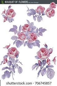 Vector set with bouquet of rose flower. Beautiful floral element for design greeting card and invitation of the wedding, birthday, Valentine's Day, mother's day and other holiday