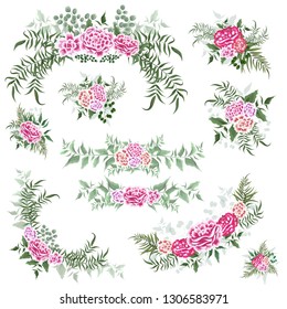 Vector set of bouquets of berries, green leaves, carnation flowers, border, corners. All elements are isolated. 