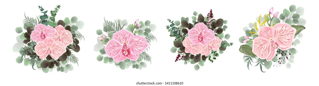 Vector set of bouquets with orchids. Pink orchids, eucalyptus, green leaves and plants, berries. All elements are isolated.