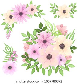 Vector Set of Bouquets with Pink and Yellow Flowers in Watercolor Style