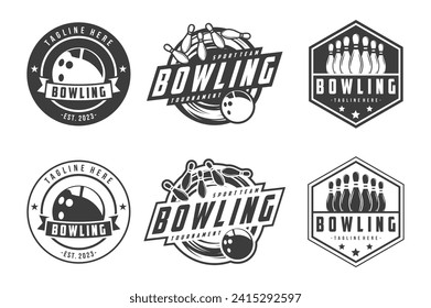 vector set of bowling badge logos, emblems set collection and design elements, monochrome style bowling logo