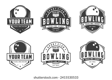 conjunto vectorial de logotipos de placa de bolos, emblemas conjuntos colección y elementos de diseño, logotipo de bowling estilo monocromo
