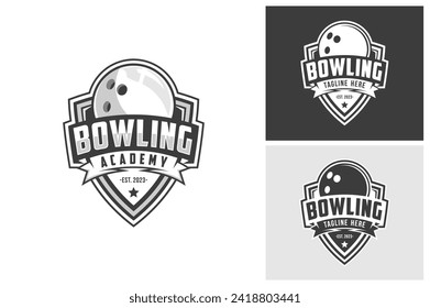 conjunto vectorial de logotipos de placa de bolos, emblemas conjuntos colección y elementos de diseño, logotipo de bowling estilo monocromo