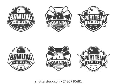 conjunto vectorial de logotipos de placa de bolos, emblemas conjuntos colección y elementos de diseño, logotipo de bowling estilo monocromo