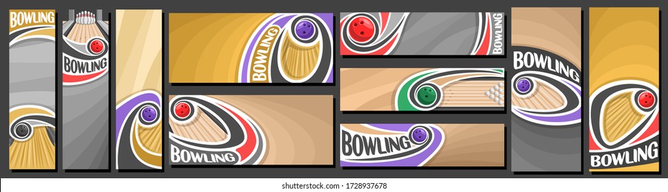 Vector set of Bowling Banners, vertical and horizontal decorative art templates for bowling events with illustration of wooden alley and flying on curve trajectory bowling ball on grey background.