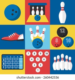 Vector set of bowling icons in flat design style.