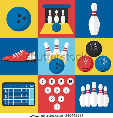 Vector set of bowling icons in flat design style.