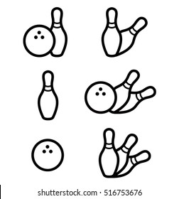 Vector set of bowling. Bowling pins with ball icon. Bowling game. Simple icon skittles with ball. Logo template. Bowling club, tournaments. Vector icon. Sport icons set. 