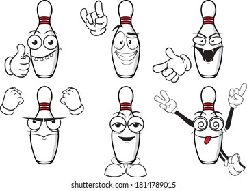 A vector set of bowling pins to play in different situations. Drawing mascots.