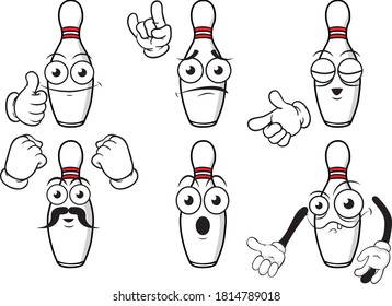 A vector set of bowling pins to play in different situations. Drawing mascots.