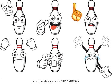 A vector set of bowling pins to play in different situations. Drawing mascots.