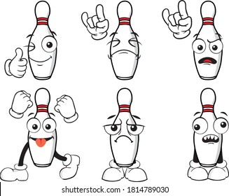 A vector set of bowling pins to play in different situations. Drawing mascots.