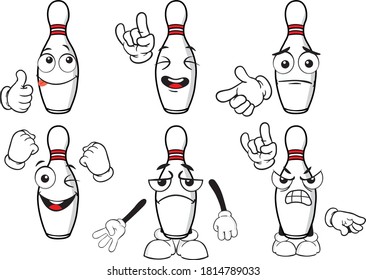 A vector set of bowling pins to play in different situations. Drawing mascots.