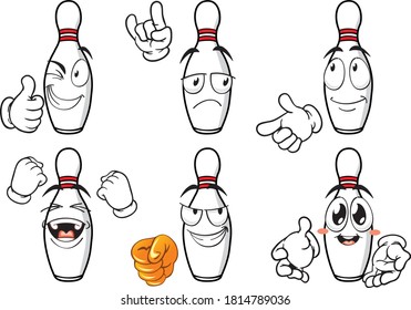 A vector set of bowling pins to play in different situations. Drawing mascots.