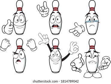 A vector set of bowling pins to play in different situations. Drawing mascots.