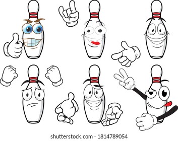 A vector set of bowling pins to play in different situations. Drawing mascots.