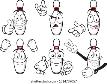 A vector set of bowling pins to play in different situations. Drawing mascots.