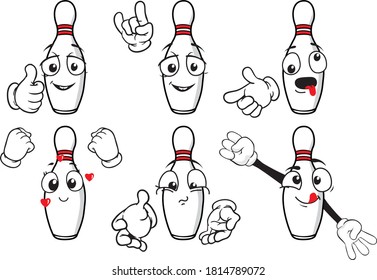 A vector set of bowling pins to play in different situations. Drawing mascots.