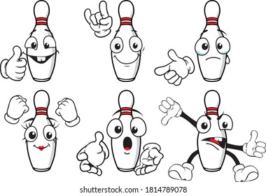 A vector set of bowling pins to play in different situations. Drawing mascots.