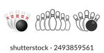 Vector set of bowling. Sport icons set. Bowling game. Bowling ball and pin icon. Simple icon skittles with ball. Logo template. Bowling club, tournaments.