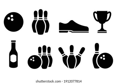 Vector set of bowling. Sport icons set. Bowling game. Bowling ball and pin icon. Simple icon skittles with ball. Logo template. Bowling club, tournaments. Vector icon. Transparent background.