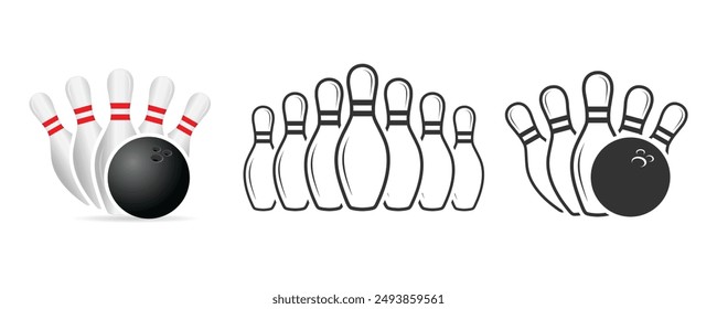 Vector set of bowling. Sport icons set. Bowling game. Bowling ball and pin icon. Simple icon skittles with ball. Logo template. Bowling club, tournaments.