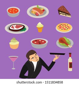 Vector set of bowls of soup with vegetables, mushrooms, chicken, Russian borscht soup, tomato and lentil soup.Waiter wearing the uniform holding a dish of chicken cartoon character.