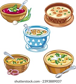 Vektorset aus Suppenschüsseln mit Gemüse, Pilzen, Hühnchen, russischer Borschtsch-Suppe, Tomate und Linsensuppe auf weißem Hintergrund.